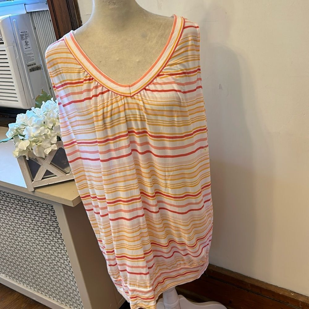 Loft pink white orange Striped Sleeveless V neck blouson top Size L New